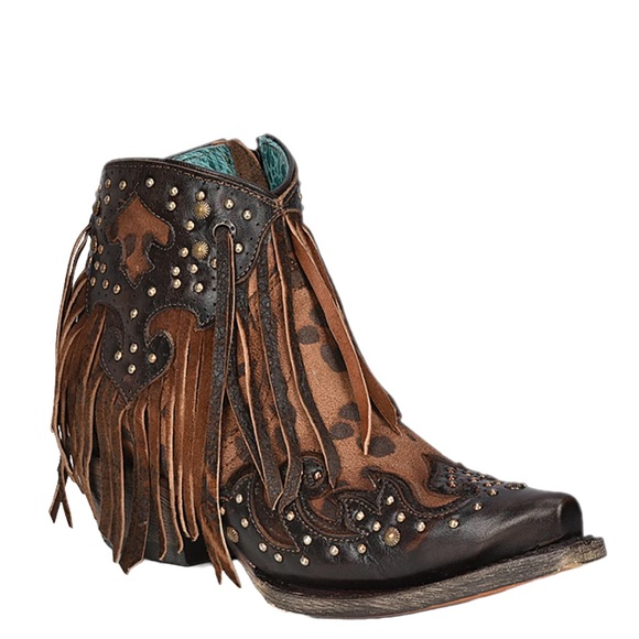 Corral Fringe Leopard Honey Brown Leather Calf Hair Cowboy...